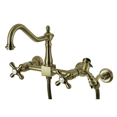 Kingston Brass Heritage Double-Handle 3-Hole Wall-Mount Bridge Kitchen Faucet with Brass Sprayer