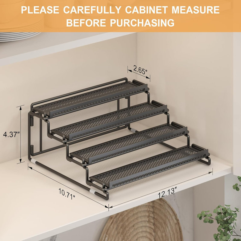 Support à épices réglable à 4 niveaux, tablette noire extensible avec rampe pour la cuisine, l'armoire, le comptoir, le garde-manger