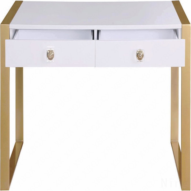 Bureau d'ordinateur moderne blanc / or, bois métal avec 2 tiroirs pour la salle d'étude de la maison, finition laquée