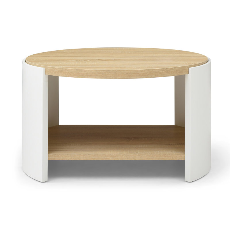 Table basse ronde, table basse de 31 po pour le salon, bureau en bois rustique à 2 niveaux avec tablette de rangement, mobilier de design moderne (couleur naturelle et blanc)