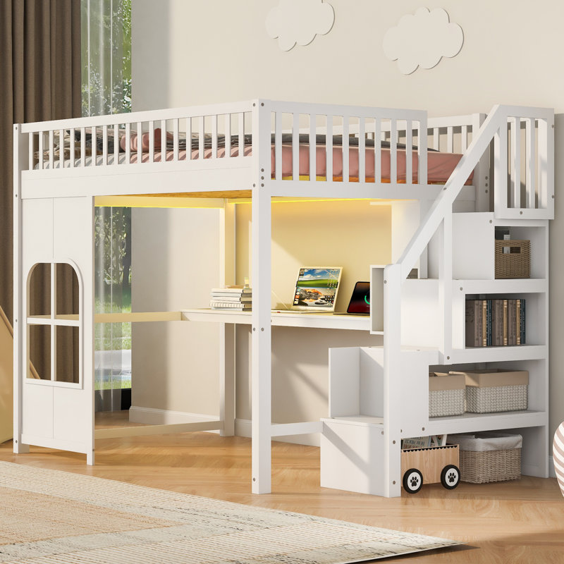 Lit mezzanine avec DEL, USB et fenêtre, Lit double, Blanc