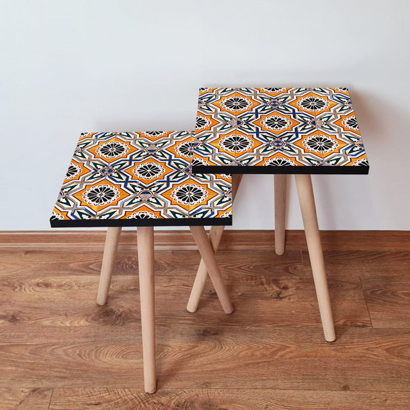 Élégantes tables gigognes (2 pièces) à motif géométrique de 13,8 po x 18,5 po x 13,8 po et de 13,8 po x 16,5 po x 13,8 po | 100% panneau de fibres à densité moyenne avec pieds en bois de hêtre | Parfait pour le salon et la décoration moderne, solution peu encombrante