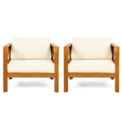 Wood Club Armchair Of 2 With Waterproof Fabric, Finish, Elegant Outdoor Furniture Look