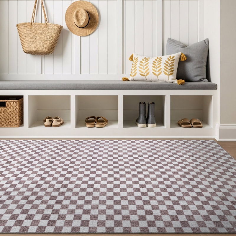 Tapis d'intérieur antidérapant, lavable à la machine, à damier miniature, couleur noyer., Brun, 3 pi 3 po x 5 pi