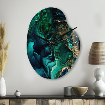 Roelf Abstract Geode Marble Green And Blue II - Marble Asymmetrical Metal Wall Clock, Green Unique Shape Clock Print