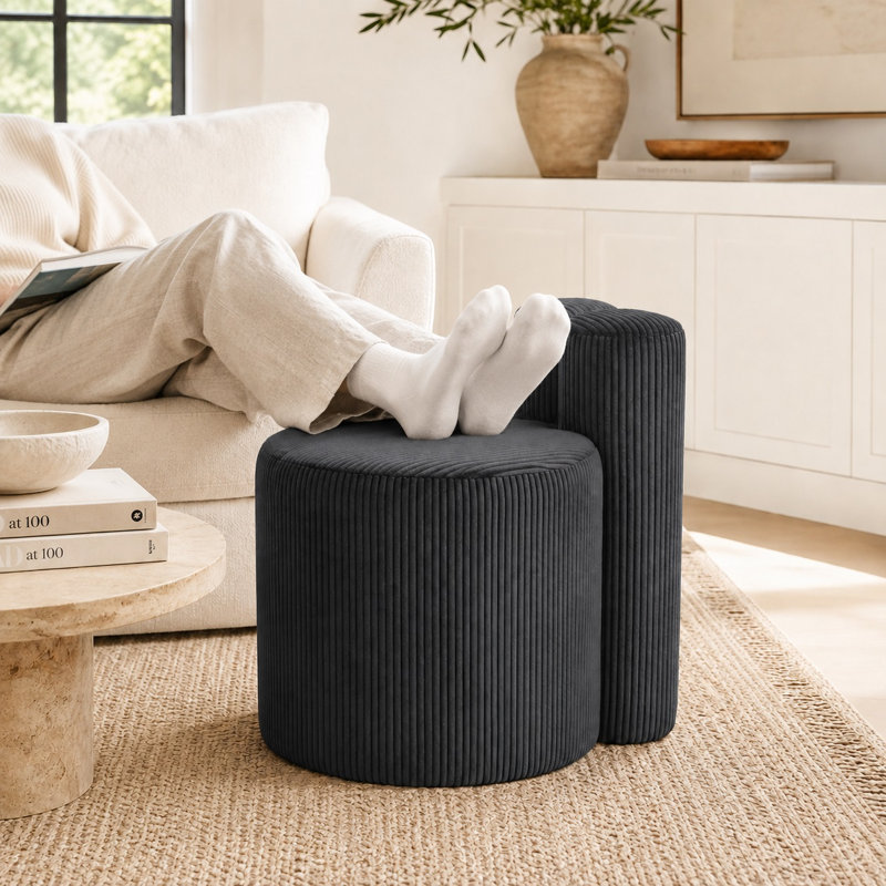 Pouf rond moderne en velours côtelé de 22,8 pouces pour salon, Velours côtelé, Noir