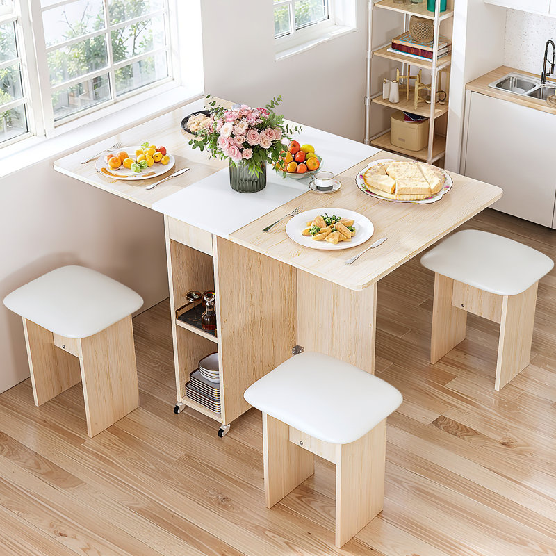 Foldable Dining Set For 4 - Space-Saving Table With Wheels & Leather Chairs