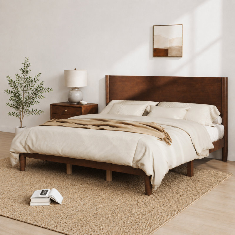 Très grand lit plateforme en bois de pin massif de style Mid-Century moderne, noyer foncé, Très grand lit, Dark Walnut