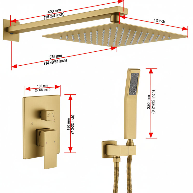 12-Inch Wall Mounted Rain Shower System with Handheld Shower Head and Rough-In Valve, Brushed Gold