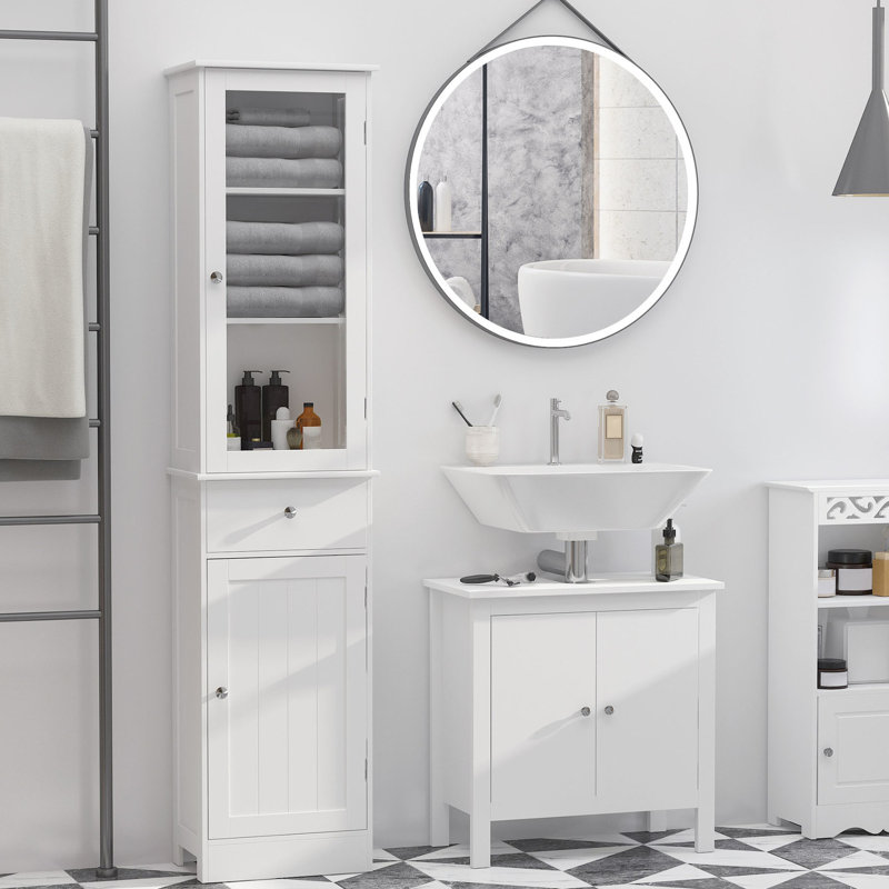 Armoire de rangement pour salle de bain - Lin étroit haut avec porte en acrylique blanc pour les salles de bain et les espaces de vie Porte, tiroir et tablettes minces