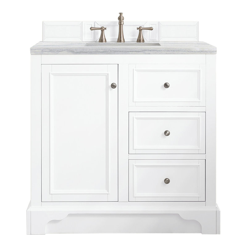 De Soto 36'' W Single Vanity, Bright White, Carrara White Marble, 8" Widespread