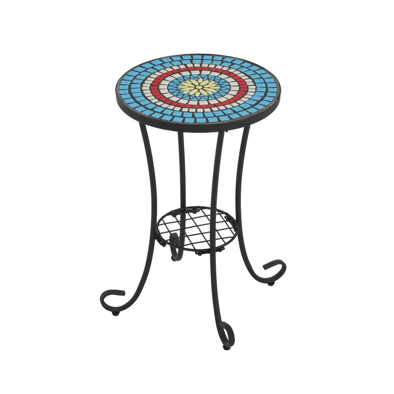 Patio Side Table With Shelf,Blue+Black