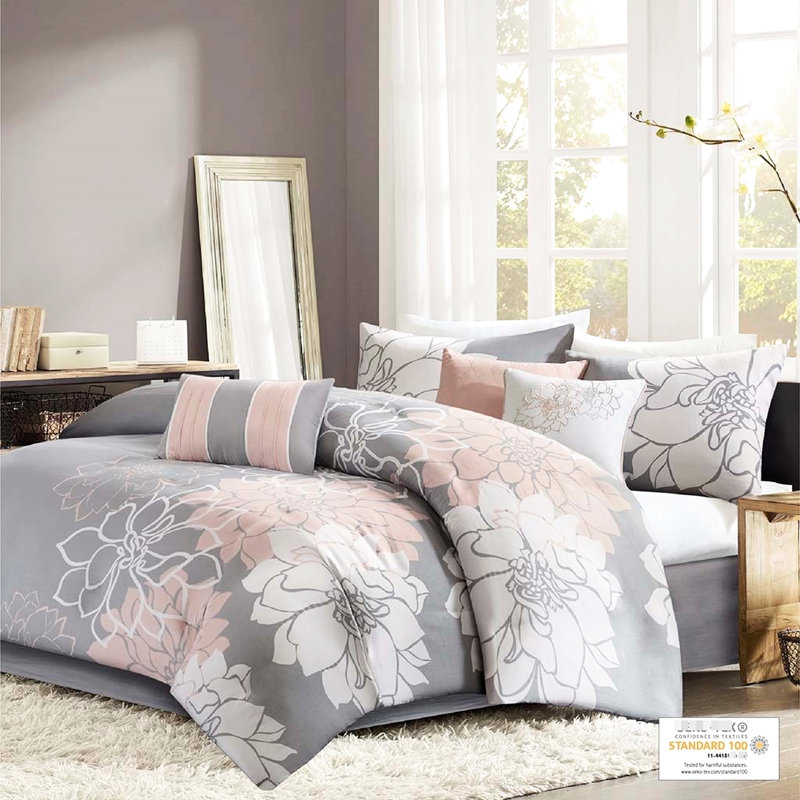 Édredon gris / pêche grand - coton imprimé, jupe de lit et 3 coussins décoratifs inclus