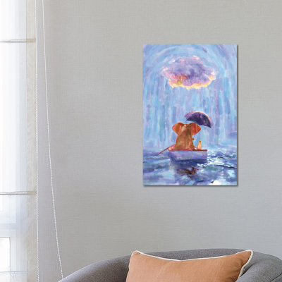 An Elephant And A Dog Float In A Boat In The Rain I by Mike Kiev - Wrapped Canvas Painting