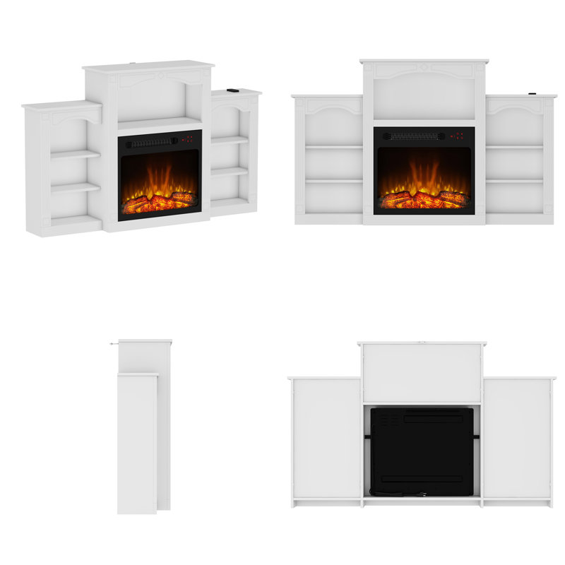 Manteau de cheminée électrique autoportant blanc avec tablettes de rangement, console de foyer classique de 60 po avec télécommande pour le salon
