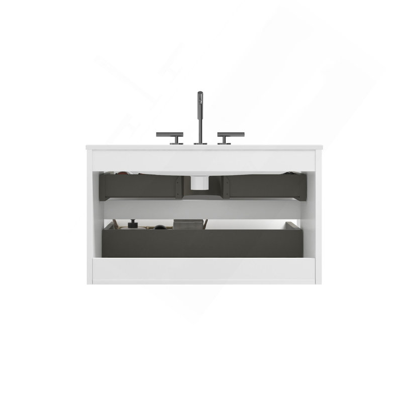 Meuble-lavabo mural blanc brillant 36 po avec lavabo en céramique et trois trous de robinet, 36 po, pré-assemblé, White, 36"