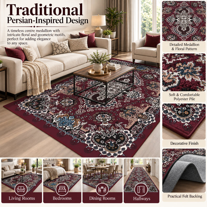 Rectangle Floral Washable Area Rug, Burgundy Bloom, 80x200