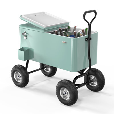 80 Quart Outdoor Wagon Rolling Cooler Ice Chest With Handle And 10" Wheels