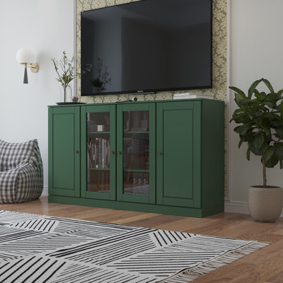 Meuble télé 100% bois massif avec panneau surélevé, portes en verre transparent et tablettes réglables pour téléviseur de 65 po ou moins