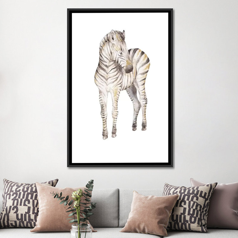 « discret baby zèbre », impression sur toile tendue, H 26 po x l 18 po x P 1,5 po, Toile avec cadre noir, Pas de tapis