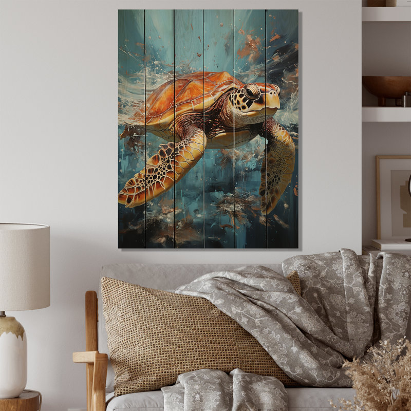 Tortue turquoise dans un océan II sur bois, H 40 po x l 30 po x P 0,78 po