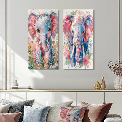Ensemble de 2 pièces d'art mural pépinière gris, rose et magnifique éléphant I