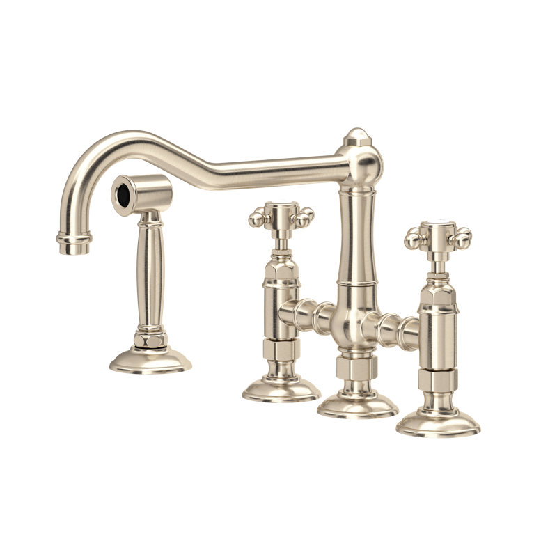 Acqui Bridge Kitchen Faucet With Side Spray, Satin Nickel, Cross Handle
