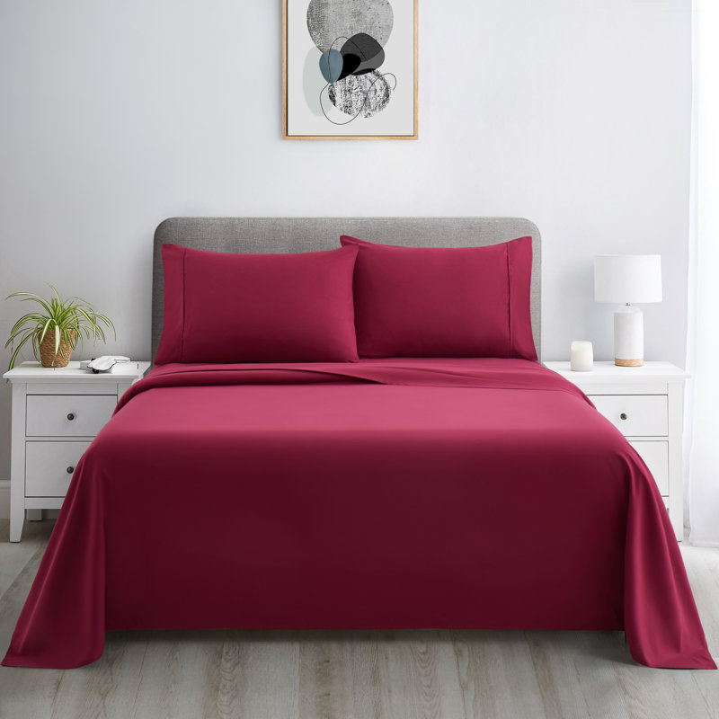Ensemble de draps en coton 4 pièces avec 2 taies d'oreiller en coton uni et percutant pour hôtel 4 pièces Marina, Bourgogne