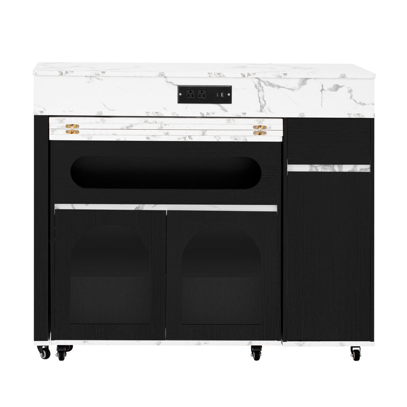 Extendable Dining Table With Extra-Long Folding Top, Rolling Kitchen Island With Drawers, Power Outlet And Brake Lock, Storage Cabinet For Kitchen And Dining Room