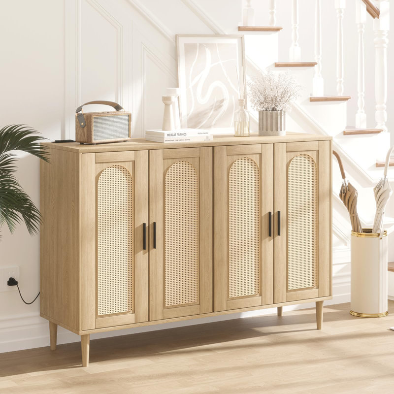 48" Rattan Sideboard Buffet Cabinet With 4 Doors, Adjustable Shelves, Built-In Power Outlet, Versatile Console Table For Kitchen, Dining Room, Living Room