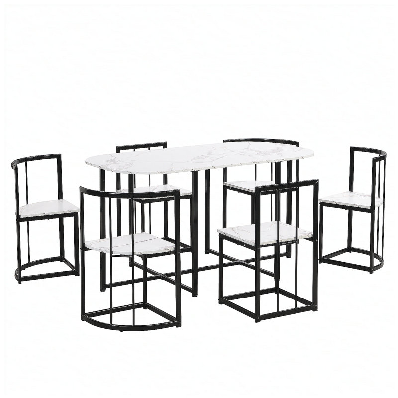 Ensemble de salle à manger moderne 7 pièces en faux marbre avec table compacte de 53,5 pouces et chaises confortables, noir
