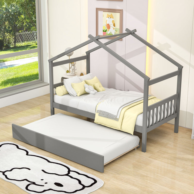 Wood House Bed With Pull-Out Twin Trundle, Gray, Twin