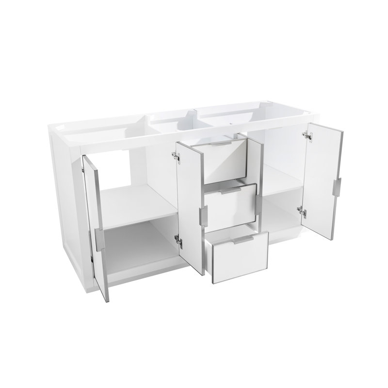 Austen 60'' W Double Bathroom Vanity Base, Off White/Brushed Silver