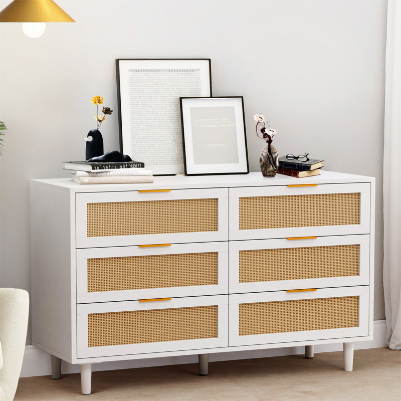 Commode 6 tiroirs multi-usages, armoire de rangement moderne avec pieds en bois, H 29,53 po x l 43,31 po x P 15,75 po, Yes
