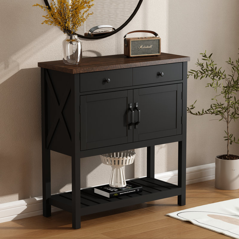 Console H 35,8 po avec 2 portes et tiroir, Brun foncé / noir
