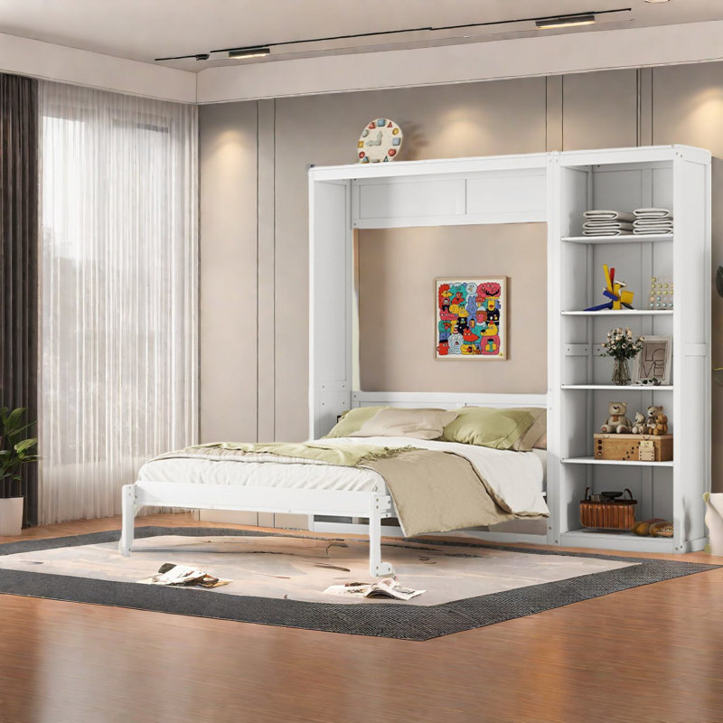 Grand lit escamotable peu encombrant, en bois massif avec tablettes élégantes, parfait pour le bureau à domicile