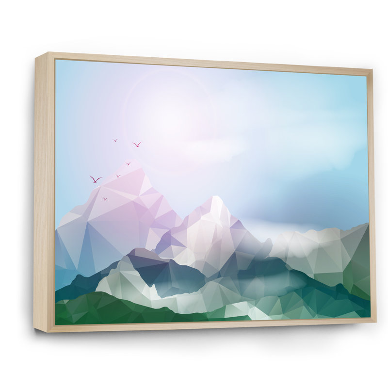 «Geometric Mountainscape» en bleu rose et vert - reproduction sur toile, H 30 po x l 40 po, Cadre flottant en érable