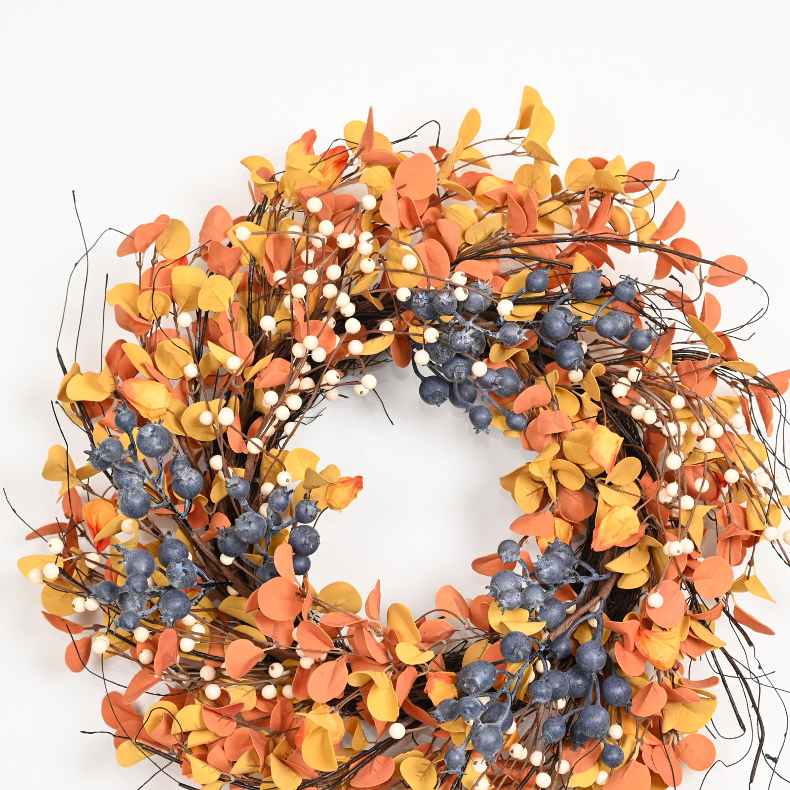 24" Handcrafted Eucalyptus Thanksgiving Wreath, Orange;Blue
