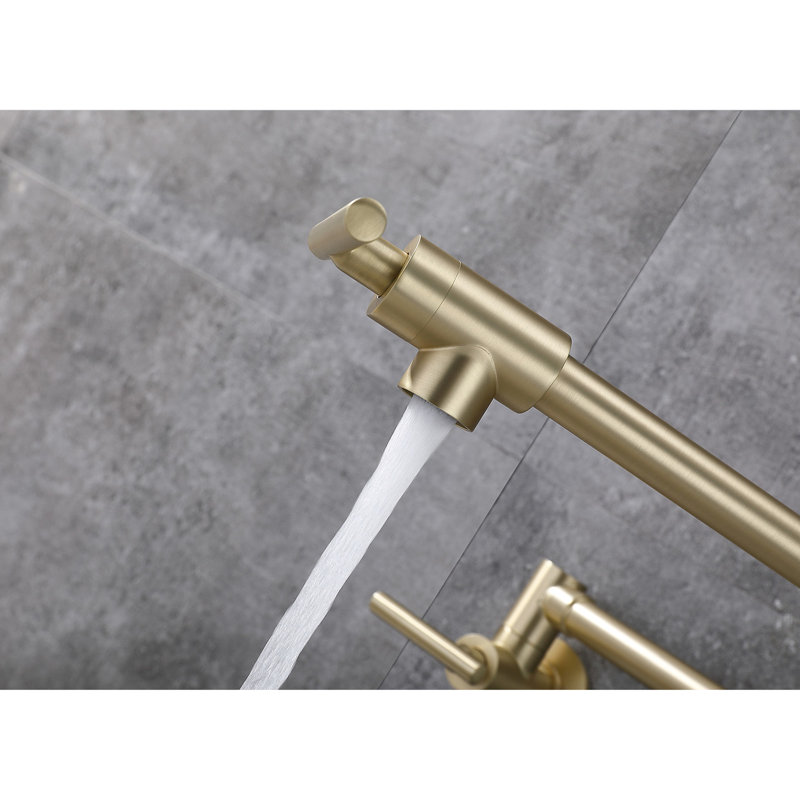 Wall Mounted Folding Pot Filler Faucet - Brushed Gold Look, 360 Rotatable, Brass, Coating, Double Handles For Effortless Water Flow Management Mount Function, Rotation, Brass Build, Corrosion Surface