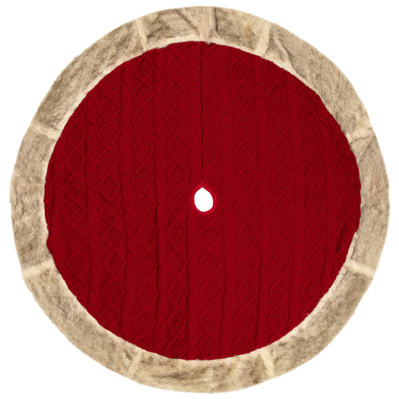 Red Cable Knit Christmas Tree Skirt with Faux Fur Trim - 48 Inch