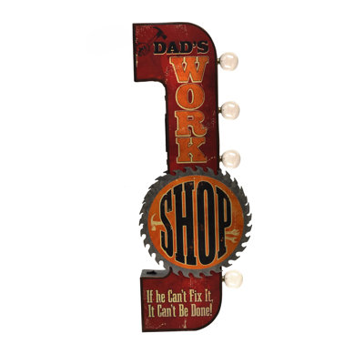 Metal Light Up Dads Workshop Tin Sign LED Home Garage 3D Wall Art Man Cave Shop Decor