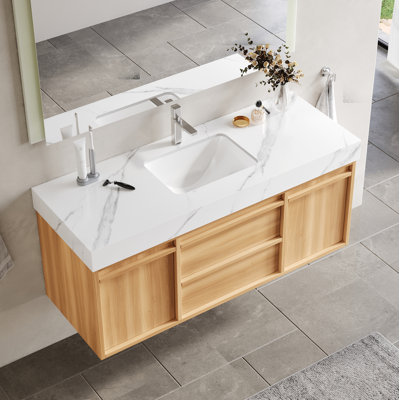 48"Mid Century Fully Assembled Wall-Mounted Bathroom Vanities,Single Sink,Brown Wood Texture with Sintered Stone Table top