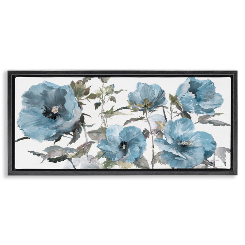  Coquelicots bleus sur toile flottante encadrée par Theresa Heidel, H 11 po x l 25 po, Cadre flottant noir de jais