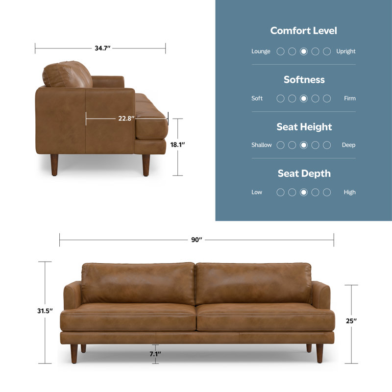 Caramel Brown Genuine Leather Mid-Century Modern Sofa with Removable Cushions