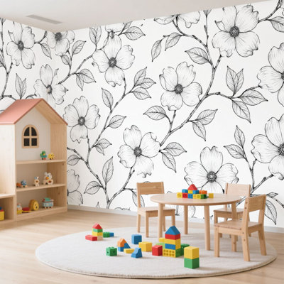 Papier peint adhésif autocollant à fleur de cornouiller noir et blanc avec papier autocollant amovible pour salle de séjour H 100 po x l 144 po