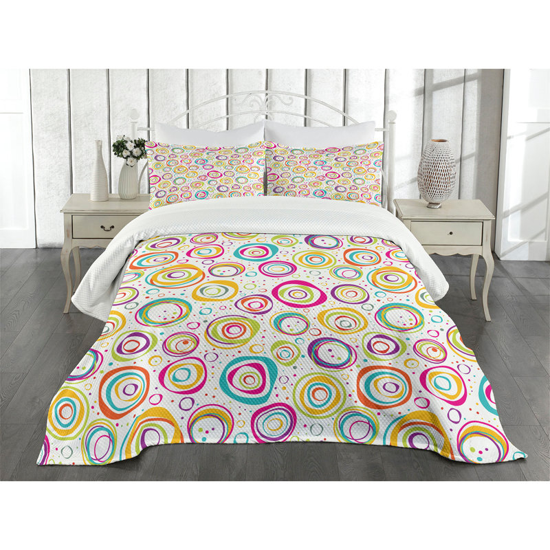Ambesonne Geometric Bedspread Set Spiral and Dots Multicolor, King Coverlet / Bedspread + 2 Standard Shams