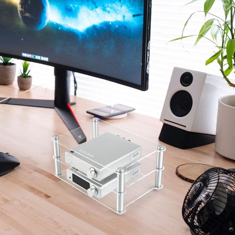 Étagère de bureau compacte en acrylique transparent à 2 niveaux avec supports en aluminium pour amplificateur Hi-Fi, DAC et ampli casque ; design peu encombrant