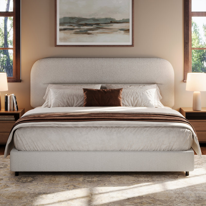 Base de lit plateforme Manfrid, collection Cloud avec revêtement Boucle et tête de lit arrondie, pied de lit épaissi, Blanc