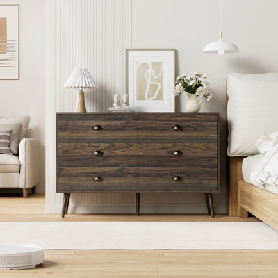 Mountford Modern 6 Drawer Dresser, Walnut Finish, 47.2 Inch Wide Chest with Gold Shell Handles & Pine Legs, Bedroom Dresser by Winston Porter