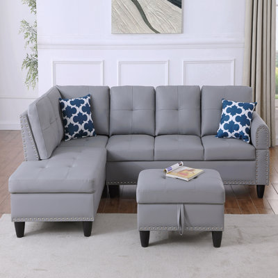 Canapé modulaire en L en similicuir avec repose-pieds avec rangement
